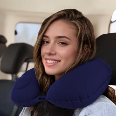 Imagem de Travesseiro inflável de pescoço para viagem de avião e trem, almofada de viagem macia portátil em forma de U
