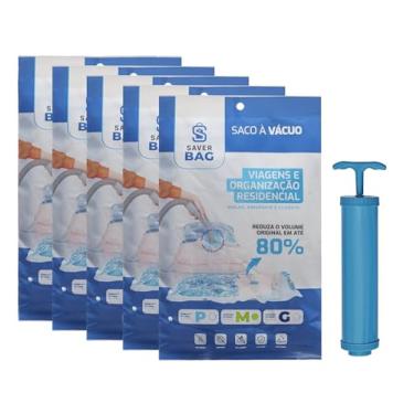 Imagem de Kit c/ 05 Sacos a Vacuo SaverBag com bomba de sucção Inclusa Linha Premiun com 7 camadas de Proteção medindo 50x70 ideal para viagens e organização domestica
