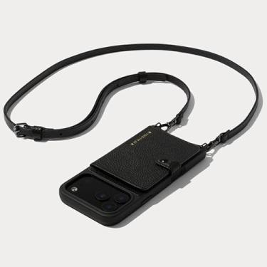 Imagem de Bandolier Mila Capa de celular tipo carteira transversal [compatível com MagSafe] para iPhone 17 Pro Max. 100% couro de seixo genuíno. Alça ajustável e removível. Preto com ferragens de estanho