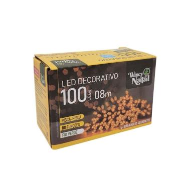 Imagem de Pisca LED Branco Quente Sequencial 100 Lâmpadas 8 Funções Fio Verde 8 Metros 127V