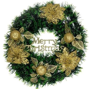 Imagem de Guirlanda Natalina25-40 Cm De Natal Decorativa Para Porta Com Flores Vermelhas Douradas Decoração Natal Decoração Equipado com pequenas bolas(RF1928-40CM)