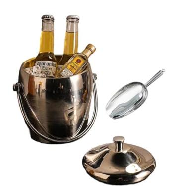 Imagem de Balde de gelo de aço inoxidável bicamada preservação do calor isolamento frio bonito KTV champanhe vinho tinto cerveja gelo bloco de gelo balde comercial com pinça de gelo grátis ou colher de gelo