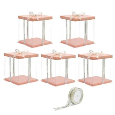Imagem de Cake Box 5 unidades de caixas bolo transparentes com fita presente 8 polegadas para embalagem e transporte exiba seu sobremesa biscoitos chocolates cupcakess plástico resistentes grau alimentar
