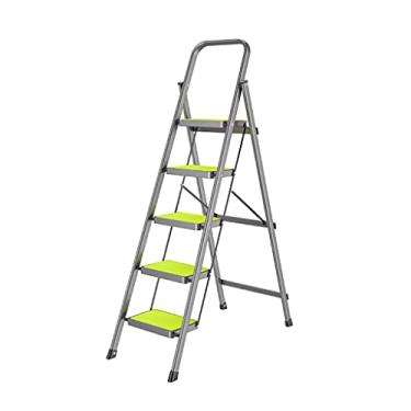 Imagem de Escadas dobráveis de metal prateado escada de 5 degraus com aderência de metal e pedal largo antiderrapante escadas leves fáceis de transportar para adultos e mulheres escada resistente (cor: laranja