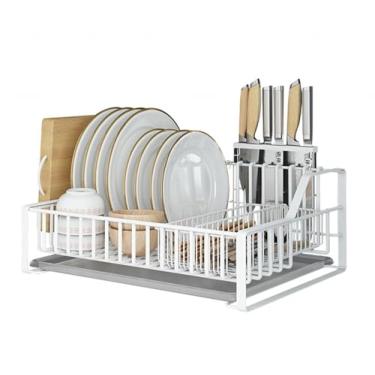 Imagem de Escorredor de pratos que economiza espaço, escorredor de pratos pequeno para balcão de cozinha, coadores de pratos à prova de ferrugem com suporte de utensílios, organizador e armazenamento de cozinha