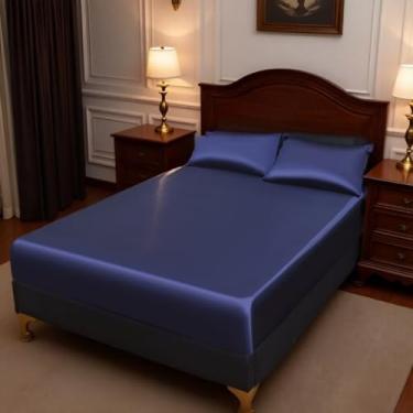 Imagem de Juwenin Home Jogo de cama com elástico colorido, 3 peças, macio e confortável, para quarto, quarto de hóspedes (1 lençol com elástico + 2 fronhas, sem núcleo) (azul-marinho, king (3 peças))