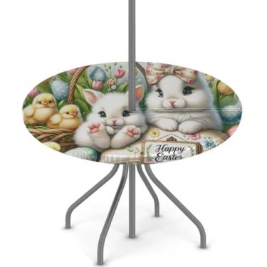 Imagem de hongjinglin Toalha de mesa de Páscoa para uso ao ar livre com orifício para guarda-chuva, toalha de mesa redonda elástica com zíper, impermeável, limpável, para piquenique, festa, pátio, serve para