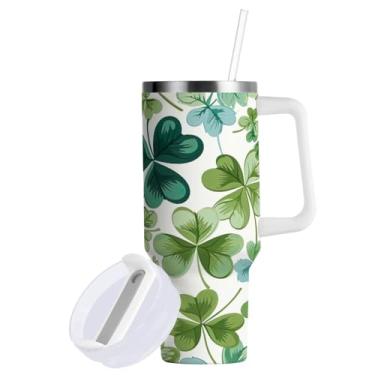 Imagem de Blueangle Copo com padrão de trevos de 850 g com alça e tampa de palha, copo isolado reutilizável de aço inoxidável garrafa de água caneca de viagem (120)