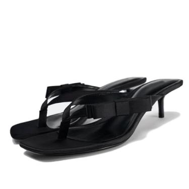 Imagem de Sandálias femininas de salto gatinho com strass com laço, bico aberto, chinelos de salto alto verão Miami + espuma viscoelástica, Laço preto, 37