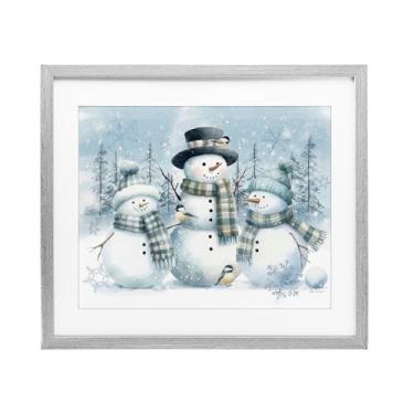 Imagem de Stupell Industries "Snowmen Trio and Bird", impressão emoldurada sob vidro, cinza, 40 x 33