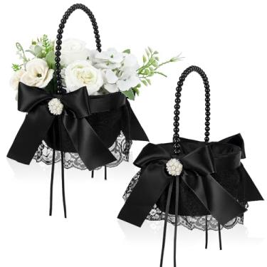 Imagem de AHANDMAKER 2 cestas de flores pretas de casamento, cestas de flores de renda com laço de cetim com alça de pérola de plástico, recipiente de pétalas românticas para cerimônia de casamento, aniversário