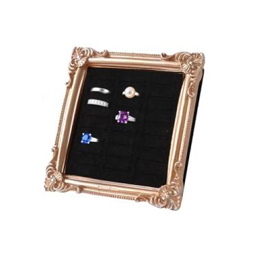 Imagem de INDKOPVA Porta-anel vintage para porta-retratos – Organizador de joias de veludo com 24 compartimentos para todos os tamanhos de anel, bandeja de armazenamento elegante barroca dourada para fotografia