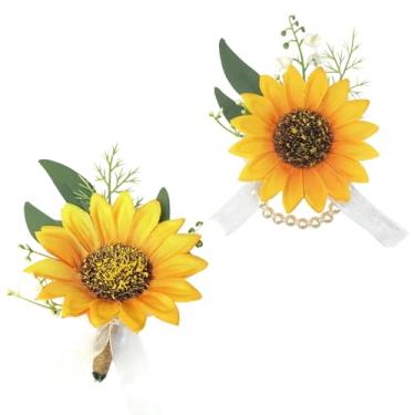 Imagem de VANTOBEST Conjunto de flor de girassol artificial e corpete de pulso para noivo, flor de pulso, vintage, acessórios de festa de casamento para damas de honra, eventos formais, amarelo