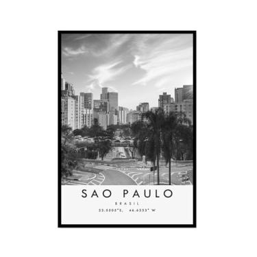 Imagem de Pôster de viagem preto e branco impressão paisagem da cidade do mundo pintura em tela São Paulo arte de parede decoração de casa (16 x 24 polegadas (40 x 60 cm), moldura para fotos)