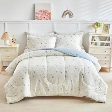 Imagem de Joyreap Conjunto de edredom King de algodão com 3 peças, tema azul e branco, conchas de estrela-do-mar, corais, design para crianças, macio, aconchegante, leve, algodão, para todas as estações, 254 x