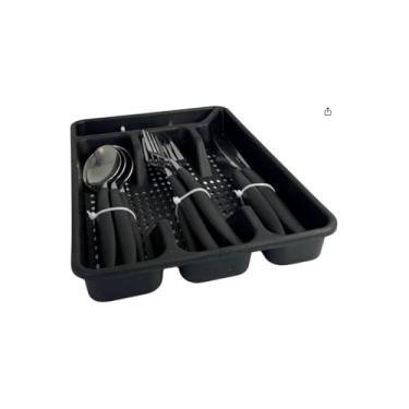 Imagem de Conjunto de Talheres 17 Peças, Faqueiro com Porta Talher, Inox e Plástico Preto, 4 Colheres Mesa, 4 Garfos, 4 Facas, 4 Colheres Sobremesa, Design Ergonômico