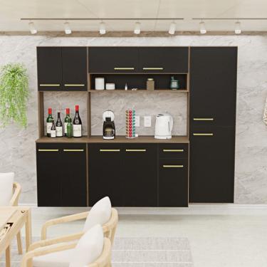 Imagem de Cozinha Modulada Completa Compacta Torre Quente Armário Aéreo e Balcão Auxiliar Aura Nogal/Preto