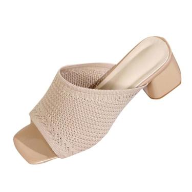 Imagem de Sandálias femininas de salto grosso de malha voadora para moda casual ao ar livre com salto de 5 cm, Bege, 36