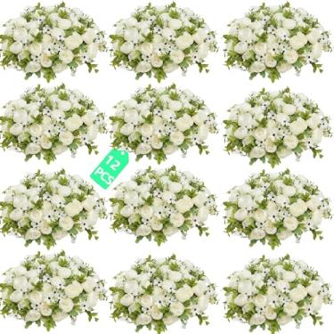 Imagem de 12 buquê de margaridas de peônia artificial, flores falsas de seda branca com peônias, margaridas e botões de crisântemo, arranjo floral falso para decoração de casa, centros de mesa de casamento e