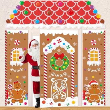Imagem de Mindsoft 4 peças de decoração de porta de casa de pão de gengibre de Natal, capa de porta de casa de gengibre fofa de Natal, faixa de pendurar para parede, interior, exterior, varanda, sala de aula