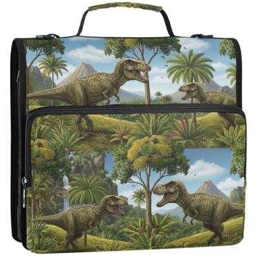 Imagem de Dinossauros Jungle Green Blue 3 fichários anel D 3 1/2 polegada D organizador de fichários escolares bolsa com alça de ombro carteira de armazenamento estojo com alça, 34,5 x 31,5 x 9 cm
