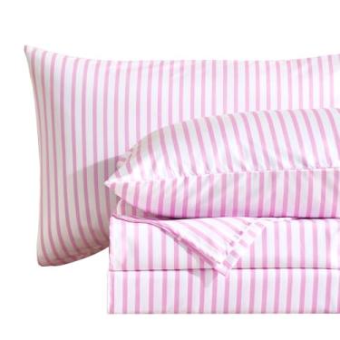 Imagem de MCO Conjunto de lençóis listrados de 4 peças, Queen respirável com bolso profundo de 41 cm, moderno e luxuoso, conjunto de cama de microfibra escovada (Queen, rosa simples)