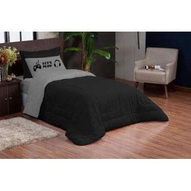 Imagem de Kit edredom infantil game preto cinza 03 peças dupla face - NOSSO LAR 