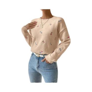 Imagem de Suéter Feminino Com Bordado Floral, Gola Redonda, Manga Longa, Pulôver