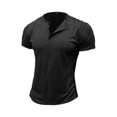 Imagem de Camiseta Henley Masculina De Algodão Para O Verão, Manga Curta, Cor Só