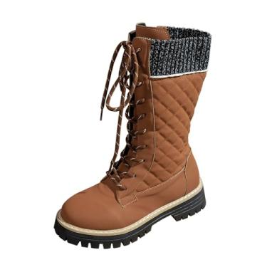 Imagem de Botas femininas casuais até o meio da panturrilha forradas com lã de couro sintético bico redondo frontal com zíper lateral salto bloco para aquecimento e conforto no inverno, Caqui, 38