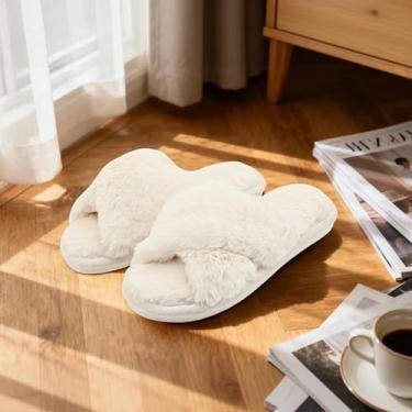 Imagem de Chinelos femininos em forma de cruz, dedos expostos, em forma de cruz, de pelúcia, quente, inverno, interior e exterior, Branco, 7.5-8.5 Women/6-7 Men