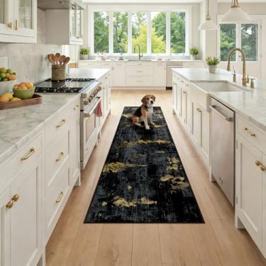 Imagem de RELEANY Tapetes laváveis 5 x 18 cm, modernos, abstratos, macios para sala de estar, entrada, quarto, berçário, estampa estampada, ouro preto escuro