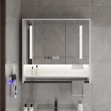 Imagem de Armário de remédios de banheiro inteligente de LED com espelho, interruptor de toque anti-embaçamento, armazenamento montado na parede, exibição de tempo, barra de toalha, organizador de vaidade de