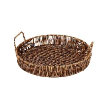 Imagem de CFGH6FDF Suporte de frutas, prato de comida de plástico, bandeja de armazenamento de vime, formato redondo, cesta de fios de vime de frutas com alça e suporte para tigela de frutas (médio)