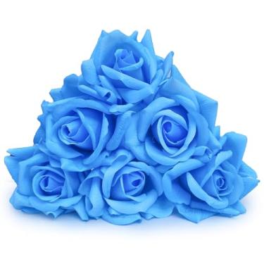 Imagem de SYFASHRAN Flores falsas de toque real de rosas artificiais com hastes - aparência realista para presentes, decoração de casa, casamento, mesa, bolo, decoração de hotel (6, azul claro)