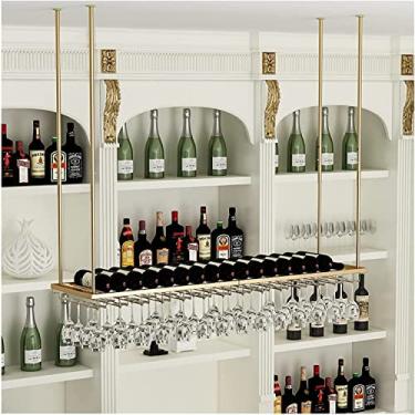 Imagem de Suporte de garrafa de vinho Suporte de garrafa de vinho pendurado para copos de vinho altura ajustável, suporte de vinho de teto de bar montado na parede com suporte de taças, fácil de instalar