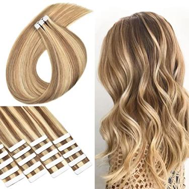 Imagem de Extensões de cabelo humano com fita adesiva marrom camelo misturado com loiro branqueador #8/613 cabelo humano real 50 cm fita em extensões 20 peças 50g/pacote extensões de fita invisível Remy cabelo