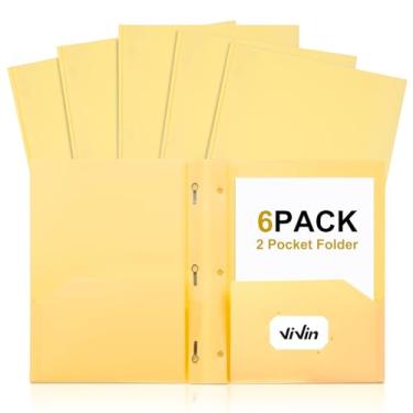 Imagem de ViVin Pasta de plástico resistente com bolsos, pacote com 6, pastas resistentes de dois bolsos com 3 pinos, comporta papel tamanho carta, pastas de arquivo com slot para cartão de visita para escola