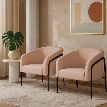 Imagem de Poltrona Sala Industrial Alta Preto Kit 2 Stella Veludo Rosê D03 - D'r