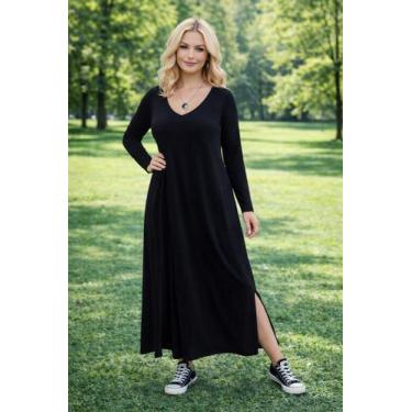 Imagem de Vestido Gola V Manga Longa com Bolso - modanascimento, Preto, M