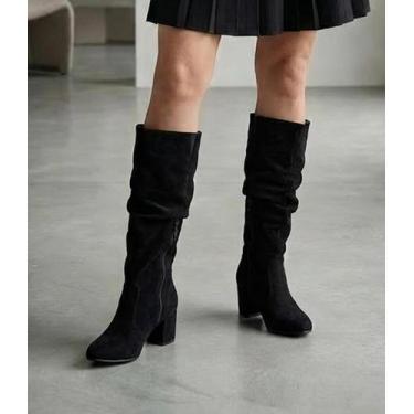 Imagem de Bota Feminina Da Moda Slouchy Couro Camurça Salto Grosso - Lirom, Pret