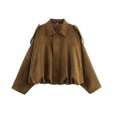 Imagem de Jaqueta Bomber Feminina Oversized De Camurça Acolchoada Estilo Colegia