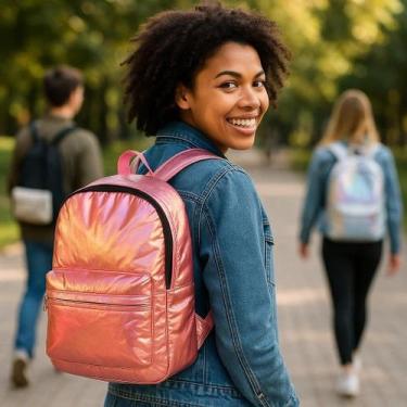 Imagem de Mochila Feminina Escolar Brilho Bolsa Bagagem Leva Caderno Roupa Costa