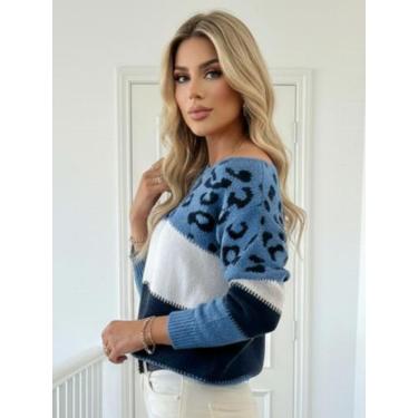 Imagem de Blusa de Tricot Feminina Onça Malha Leve Estampa Selvagem Atemporal - 