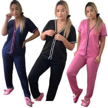 Imagem de Kit 3 Pijamas Feminino manga curta e Calça com Botão Inverno - PIJAMAS