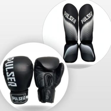 Imagem de Kit Caneleiras 20 MM e Luvas de Boxe Muay Thai Preto Hexa Branco Pulse