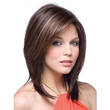 Imagem de Peruca curta franja oblíqua cabelo curto liso liso marrom destaques cor gradiente peruca