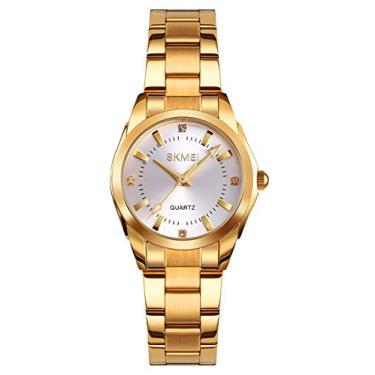 Imagem de findtime Relógios femininos de aço inoxidável, analógico, quartzo, simples, negócios, relógio de pulso feminino, Dourado, Desporto