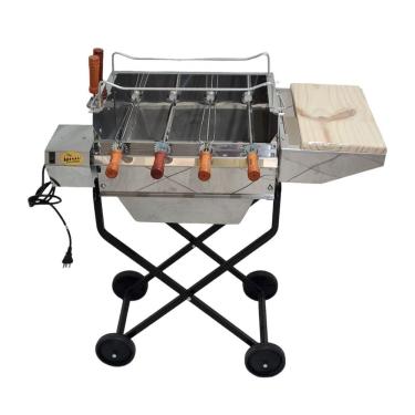 Imagem de Churrasqueira Portátil Inox Giratória Elétrica 4 Espeto Bojo Alumínio Roda Tabua Carvão Área Externa
