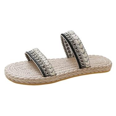 Imagem de Sandálias rasteiras femininas moda verão palha fresco fundo plano praia uso externo sandálias de tamanho grande chinelos (preto, 7)